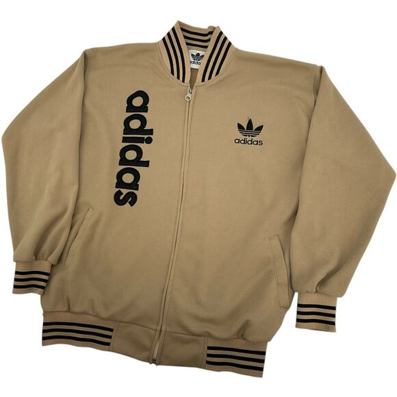 VTG 80s Men's Tan Black Embroidered Adidas Trefoil Logo Full Zip Track Jacket~M